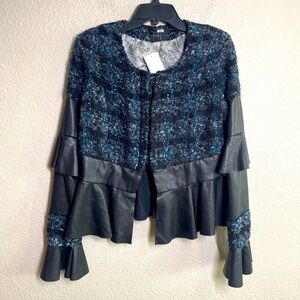 Deborah Lyons Size 12 Ohio Faux Leather Tweed Jacket Black Ruffled Bell Sleeves.